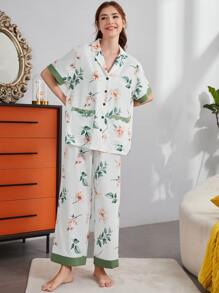 SHEIN Floral Print Contrast Lace Blouse & Trousers PJ Set - White - View 5