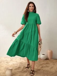 Seusyu Mock Neck Puff Sleeve Ruffle Hem Dress - Green - View 1