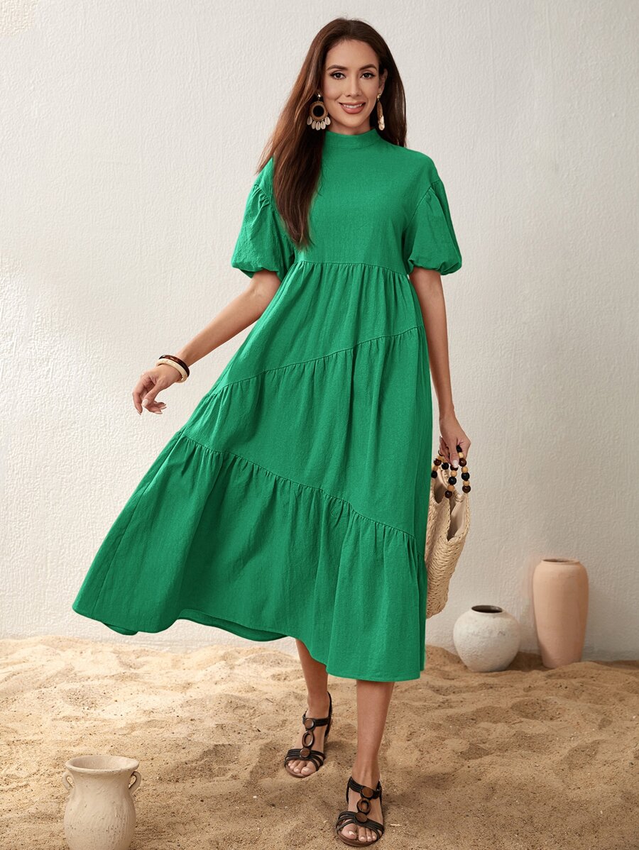 Seusyu Mock Neck Puff Sleeve Ruffle Hem Dress - Green - View 1