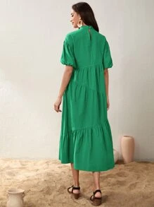 Seusyu Mock Neck Puff Sleeve Ruffle Hem Dress - Green - View 2
