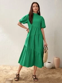 Seusyu Mock Neck Puff Sleeve Ruffle Hem Dress - Green - View 4