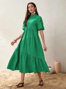 Seusyu Mock Neck Puff Sleeve Ruffle Hem Dress - Green - View 6