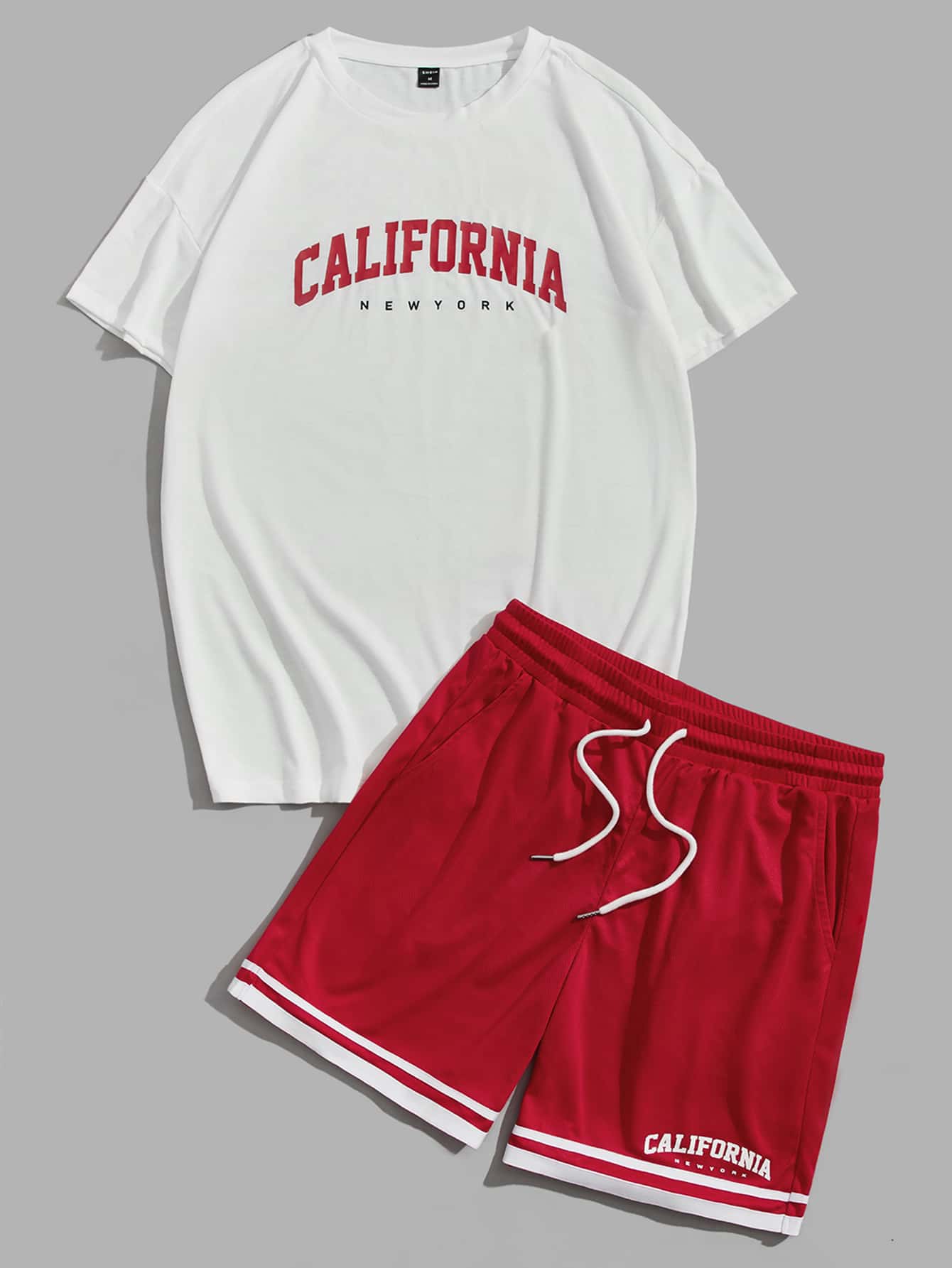 Manfinity VCAY Loose Fit Men's Letter Graphic T-Shirt & Striped Print Shorts Set - Red and White - View 1