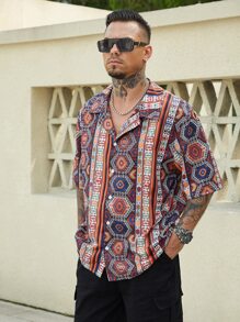 Manfinity Men Plus Geo & Striped Print Shirt - Multicolor - View 3