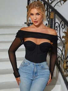 PARTHEA Cut Out Front Off Shoulder Ruched Bustier Mesh Corset Top - Black - View 7