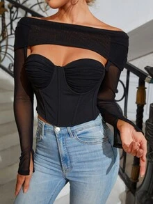 PARTHEA Cut Out Front Off Shoulder Ruched Bustier Mesh Corset Top - Black - View 8