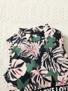 SHEIN 年輕女孩熱帶印花字母膠帶連身背心和褲子套裝 - 彩色 - 查看 3