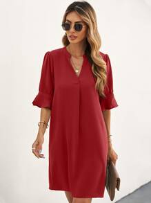 SHEIN LUNE Notched Neck Flounce Sleeve Tunic Dress - Burgundy - View 1