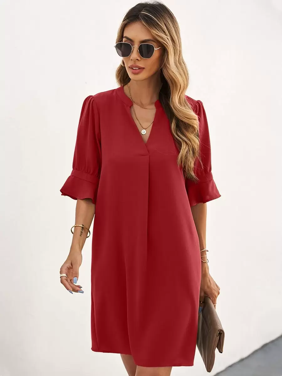 SHEIN LUNE Notched Neck Flounce Sleeve Tunic Dress - Burgundy - View 1