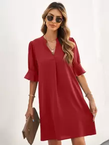 SHEIN LUNE Notched Neck Flounce Sleeve Tunic Dress - Burgundy - View 4