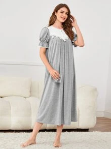 SHEIN Unity Guipure Lace Panel Puff Sleeve Night Dress - Light Grey - View 5