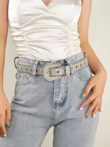 Cinturón con diseño de diamante de imitación - Plateado - Ver 1