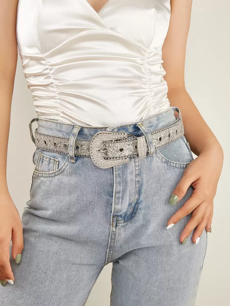 Cinturón con diseño de diamante de imitación - Plateado - Ver 1