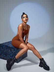 SHEIN ICON Solid Ribbed Knit Backless Bodycon Dress - Brown - View 4