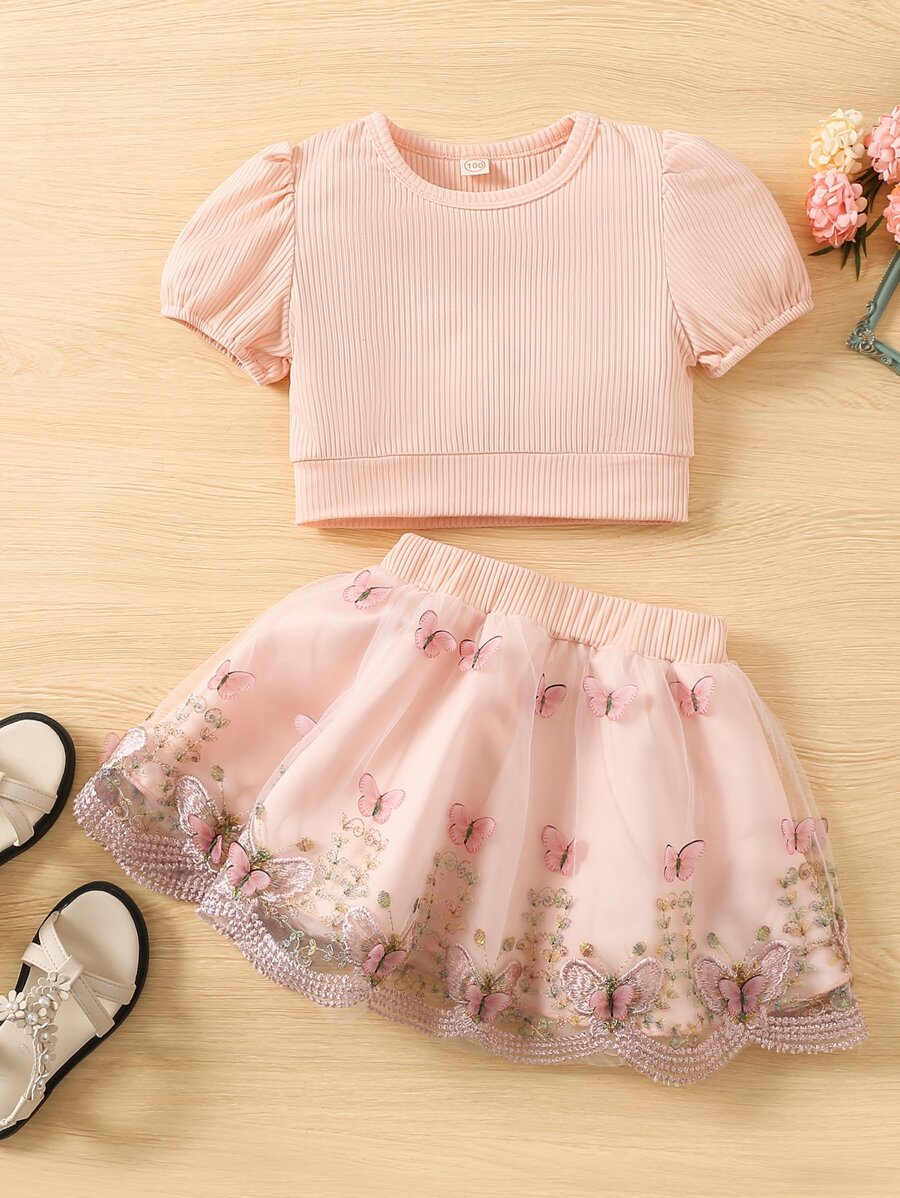 小女童泡泡袖T恤和蝴蝶貼花半身裙 - 淺粉色 - 查看 1