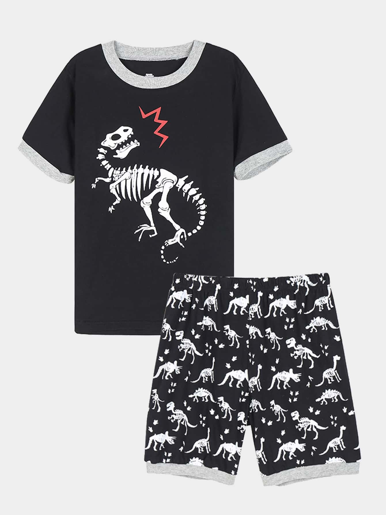 Boys Dinosaur Skeleton Print Snug Fit PJ Set - Black - View 1