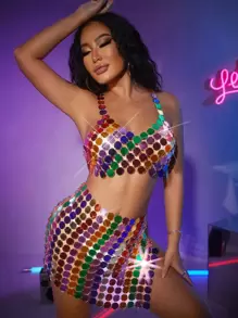 SHEIN SXY Top de tirantes de color combinado con abertura corto de color metálico - Multicolor - Ver 1