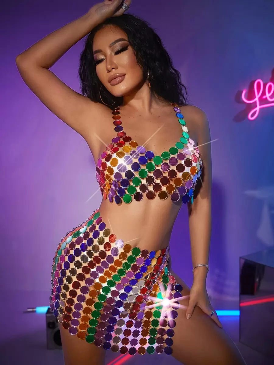 SHEIN SXY Top de tirantes de color combinado con abertura corto de color metálico - Multicolor - Ver 1