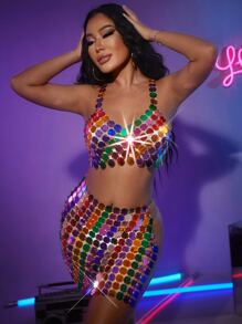 SHEIN SXY Top de tirantes de color combinado con abertura corto de color metálico - Multicolor - Ver 4