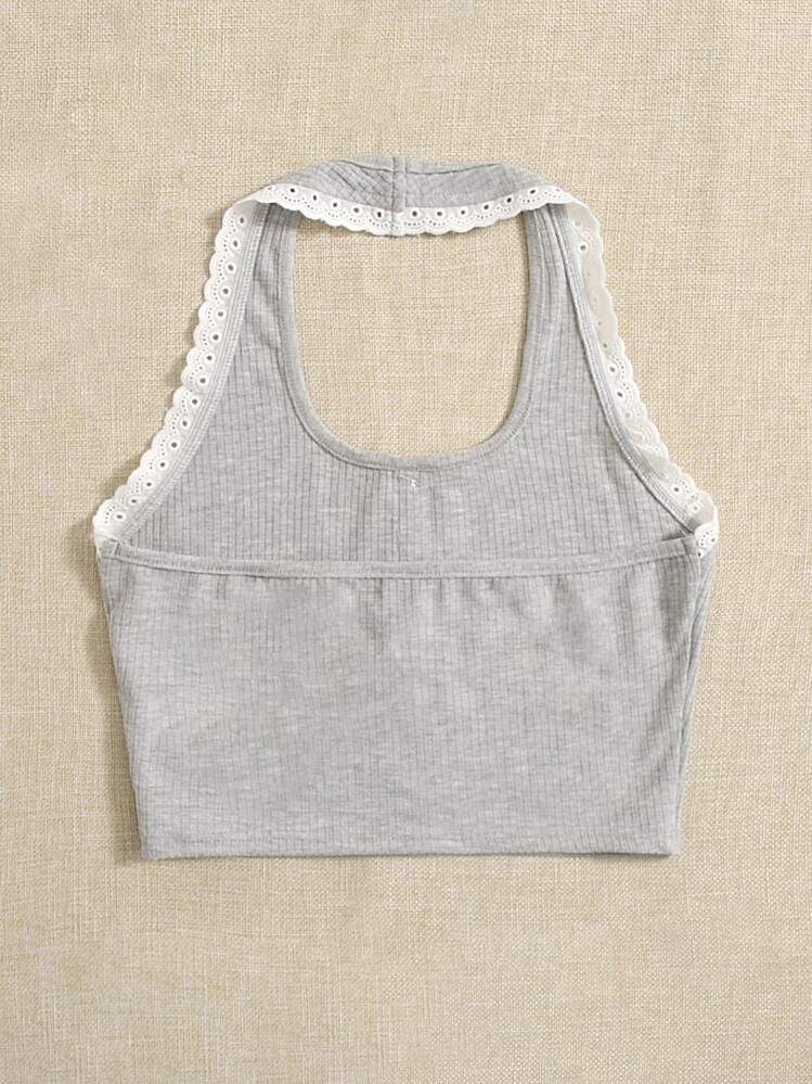 SHEIN Teen Girls Scallop Trim Button Detail Halter Top - Light Grey - View 2