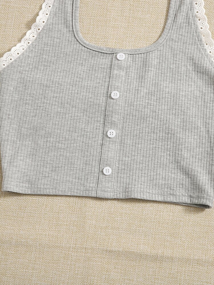 SHEIN Teen Girls Scallop Trim Button Detail Halter Top - Light Grey - View 4