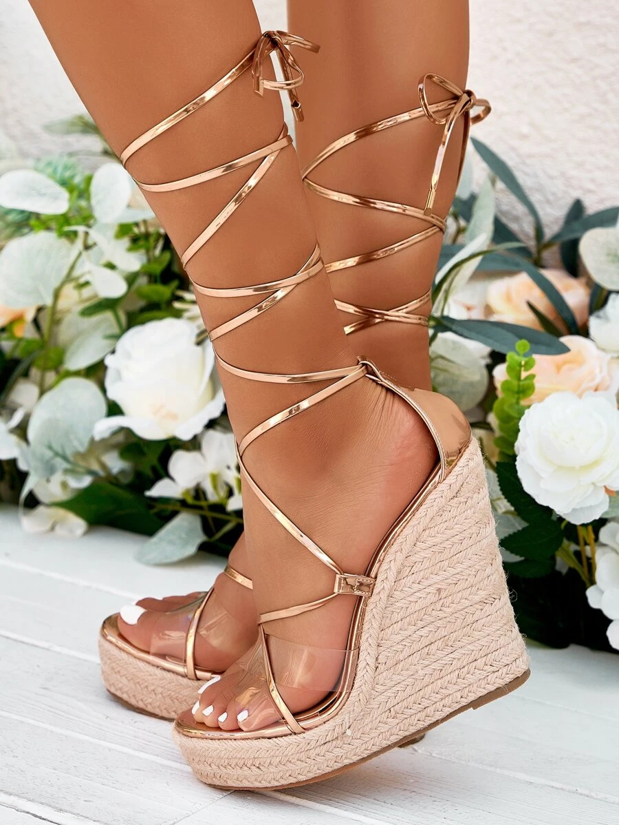 腿部繫帶設計編織坡跟涼鞋 - 香檳色 - 查看 1
