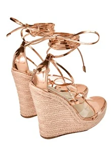 腿部繫帶設計編織坡跟涼鞋 - 香檳色 - 查看 3