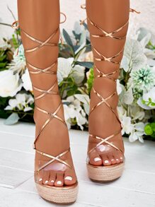 腿部繫帶設計編織坡跟涼鞋 - 香檳色 - 查看 4