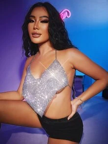 Chain Strap Bandana Hem Backless Crop Metallic Halter Top - Silver - View 4