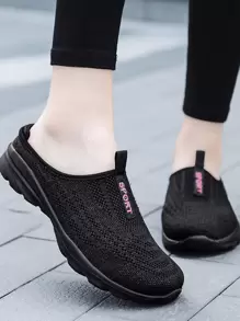 Women's Athleisure Mule Shoes With Letter Print Design - Black - View 1
