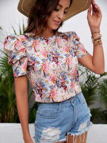 SHEIN Clasi Floral Print Puff Sleeve Blouse - Multicolor - View 4