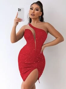 Joyfunear 單肩嵌入網紗下擺開叉亮片緊身連衣裙 - 紅色 - 查看 6