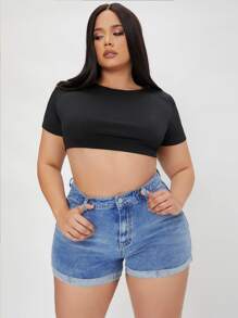 SHEIN SXY Plus Roll Up Hem Denim Shorts - Medium Wash - View 3