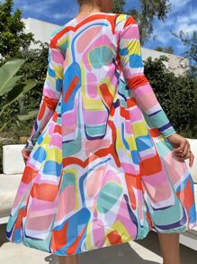 Allover Print Drawstring Bikini Set With Kimono, For Summer Beach Vacation - Multicolor - View 2