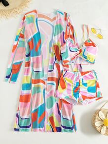 Allover Print Drawstring Bikini Set With Kimono, For Summer Beach Vacation - Multicolor - View 3