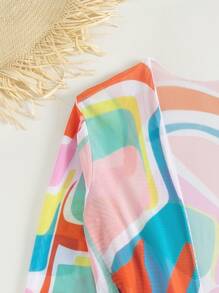 Allover Print Drawstring Bikini Set With Kimono, For Summer Beach Vacation - Multicolor - View 5