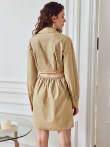 BizChic 拼接細節腰部鏤空落肩袖襯衫洋裝 - 卡其色 - 查看 2