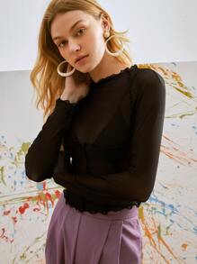 SHEIN Privé Mock Neck Lettuce Trim Raglan Sleeve Top - Black - View 3