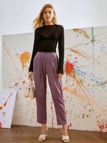 SHEIN Privé Mock Neck Lettuce Trim Raglan Sleeve Top - Black - View 4