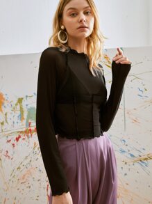 SHEIN Privé Mock Neck Lettuce Trim Raglan Sleeve Top - Black - View 5