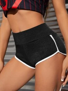 SHEIN PETITE Contrast Binding Knit Shorts - Black - View 3