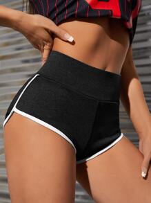SHEIN PETITE Contrast Binding Knit Shorts - Black - View 4