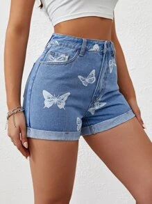 Shorts en mezclilla con estampado de mariposa bajo de doblez - Azul lavado medio - Ver 3