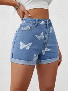 Shorts en mezclilla con estampado de mariposa bajo de doblez - Azul lavado medio - Ver 5