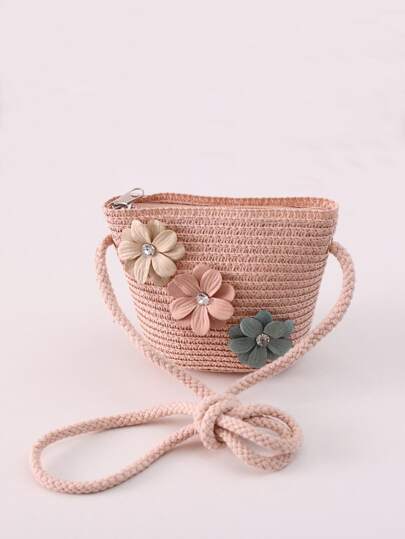Girls Floral Applique Detail Straw Bag