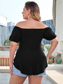 Celure Plus Off Shoulder Tie Front Curved Hem Tee - Black - View 2