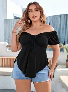 Celure Plus Off Shoulder Tie Front Curved Hem Tee - Black - View 3