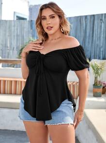 Celure Plus Off Shoulder Tie Front Curved Hem Tee - Black - View 5