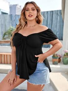 Celure Plus Off Shoulder Tie Front Curved Hem Tee - Black - View 6