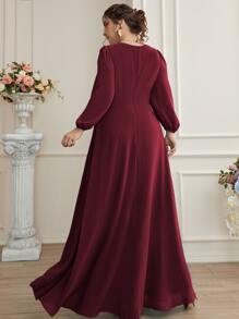 Plus Puff Sleeve Wrap Hem Maxi Chiffon Bridesmaid Dress - Burgundy - View 2